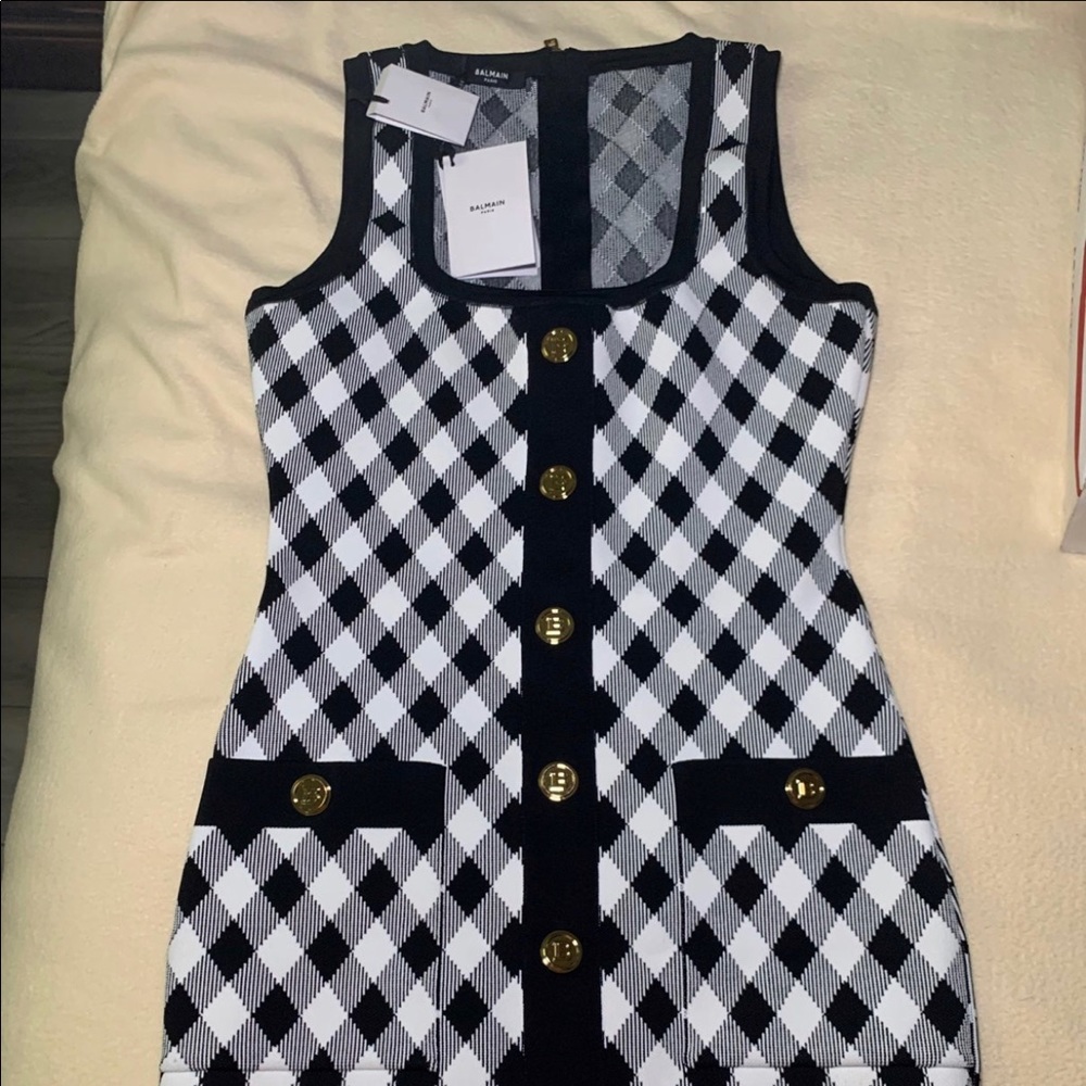SHORT BUTTONED GINGHAM JACQUARD DRESS IN WHITE SIZE 40 - Picture 2 of 6